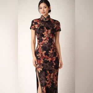 Cheongsam Qipao Style Dress Floral Mandarin Collar Womens Medium Classic Chic